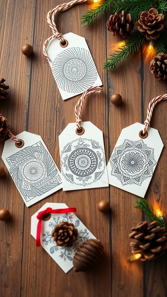 A set of colorful Zentangle gift tags with intricate designs on a wooden table, decorated for Christmas.